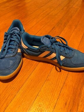 adidas Women's Blue Suede Sneakers with White Stripes
